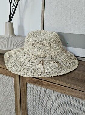 Woven Straw Sun Hat with Ribbon Trim - Cream